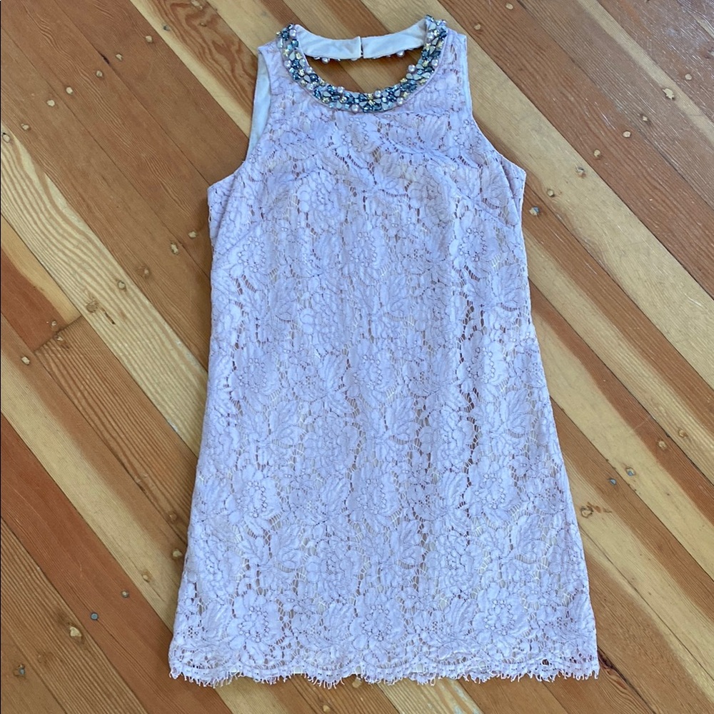 Eliza J Dusty Pink Beaded Neck Sheath Lace Overlay Dress for Weddings 8‎